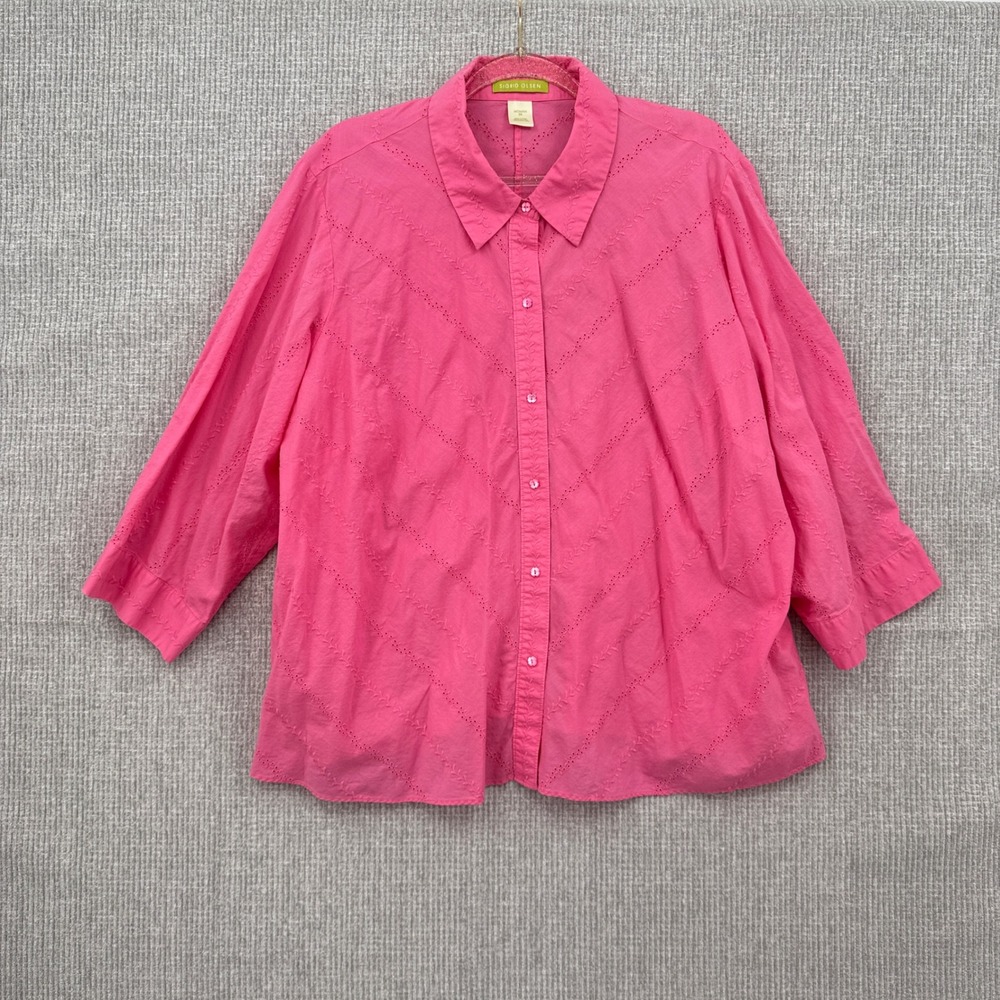 Sigrid Olsen Woman 3X Pink Eyelet Embroidered 3/4 Sleeve Button Shirt‎ Cottage